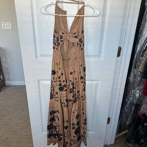 Anthropologie Tan Backless Dress with Black Embroidery
